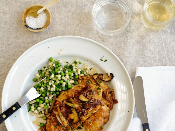 Chicken marsala with herbed fregola