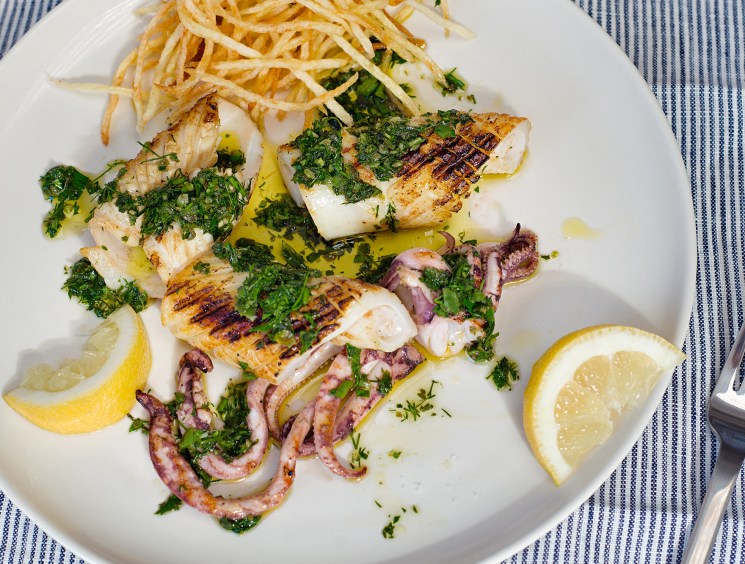 Squid with salsa verde & shoestring fries