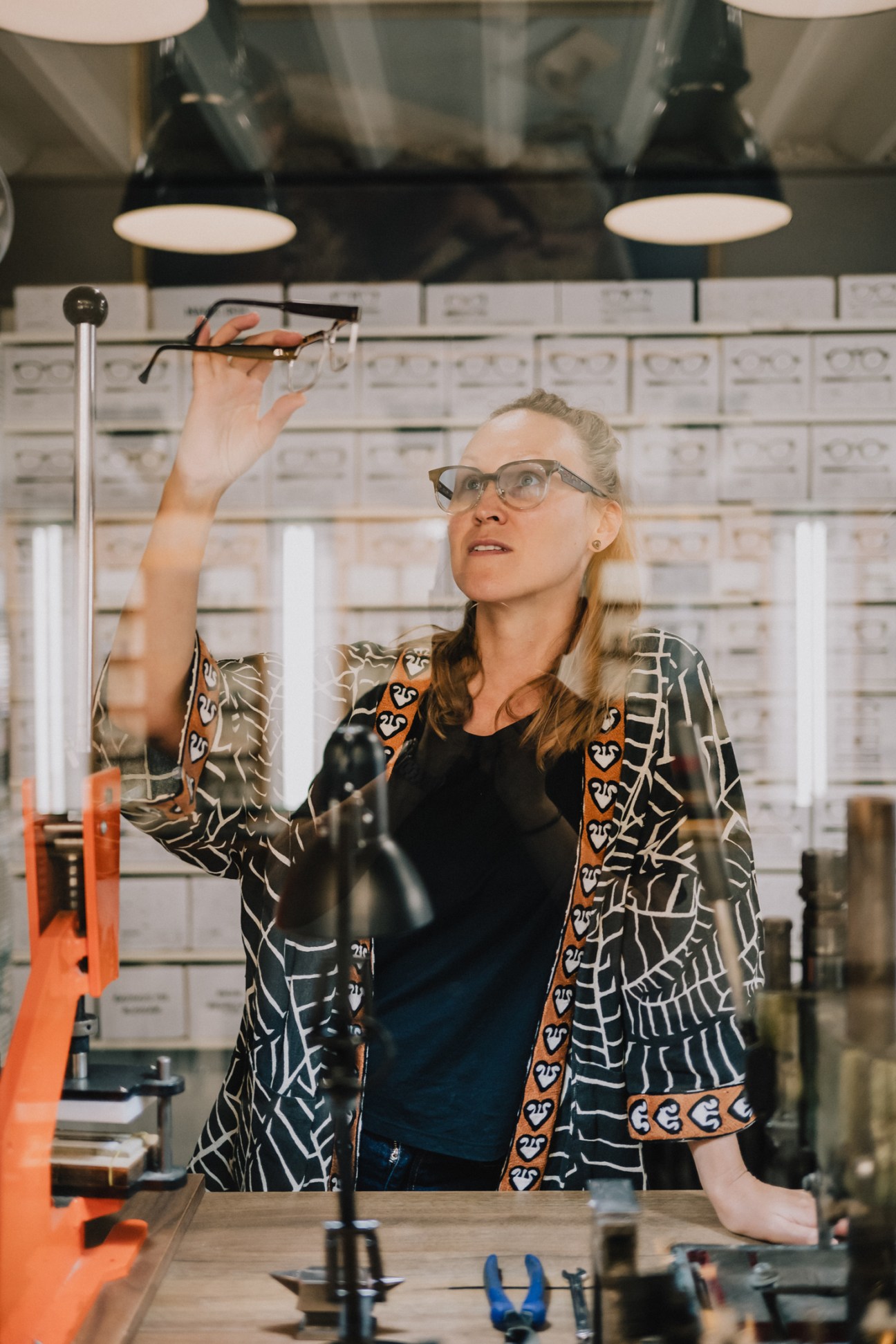 Tipton Eyeworks workshop showing glasses frames made from vinyl records