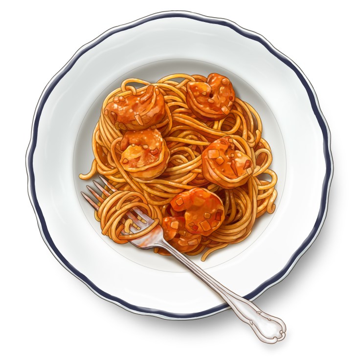 Illustration of tomato, harissa and prawn pasta with linguine and prawns on a plate with fork