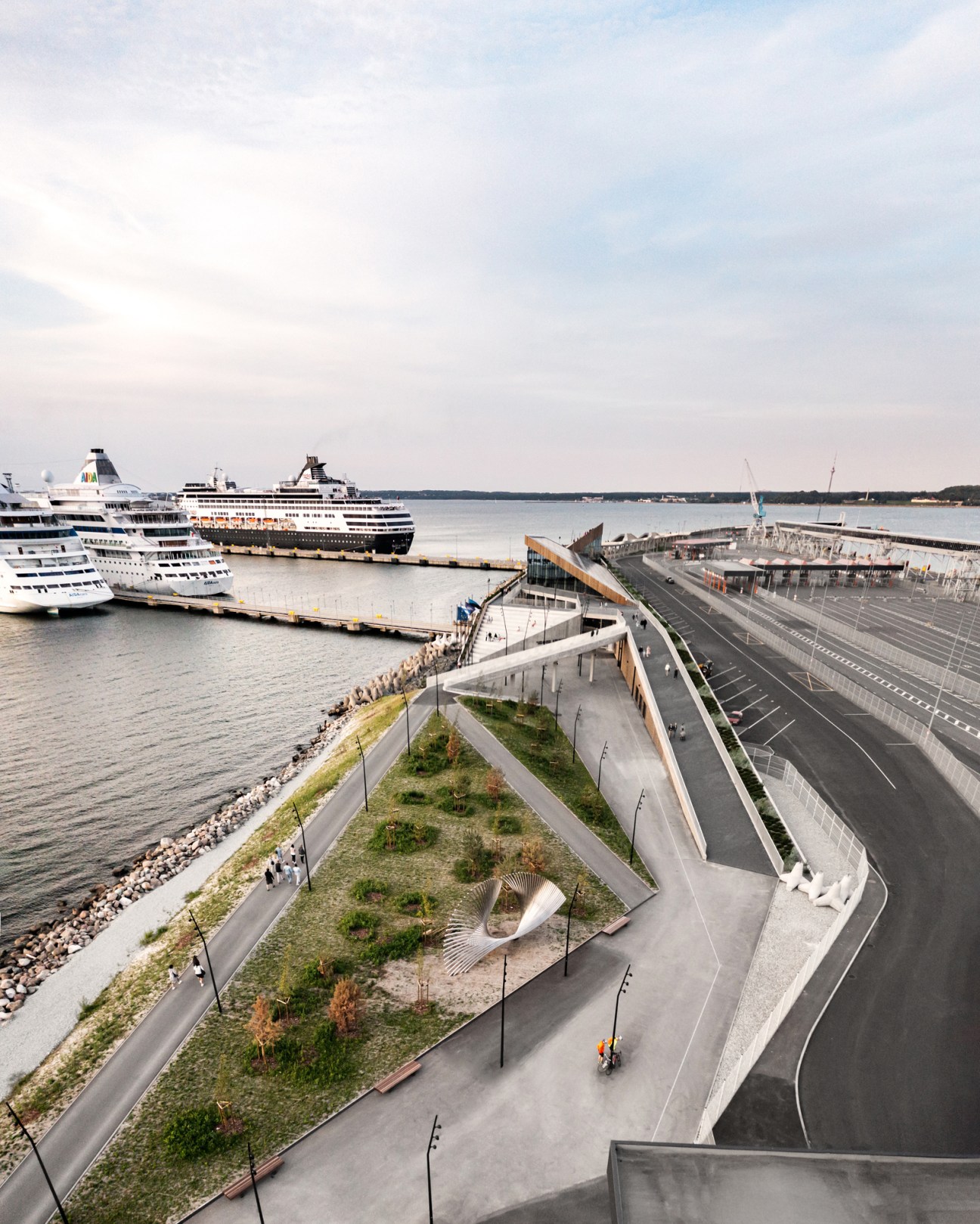 Aerial view of Tallinn Cruise Terminal by Stuudio Tallinn and Salto Architects with rooftop public plaza and harbor