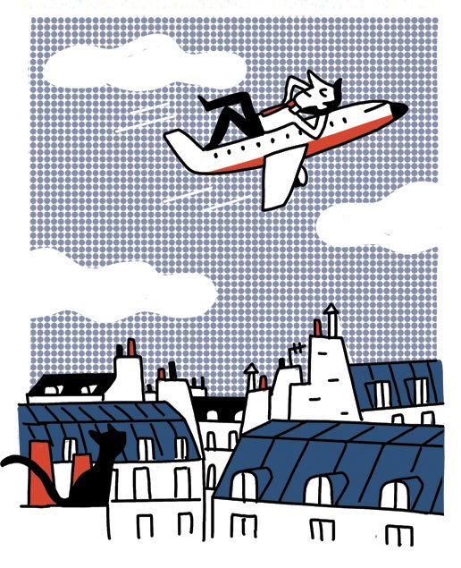 Illustration of a person relaxing in an airplane above a French cityscape with buildings and architecture.