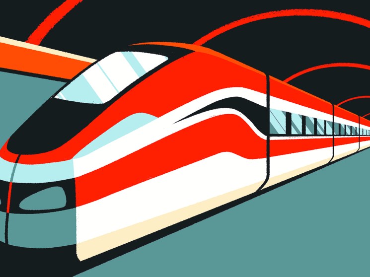 Stylized illustration of a modern high-speed train with red and white livery against a teal background