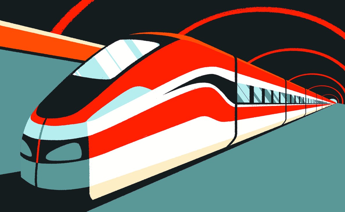 Stylized illustration of a red and white high-speed train with dynamic motion lines