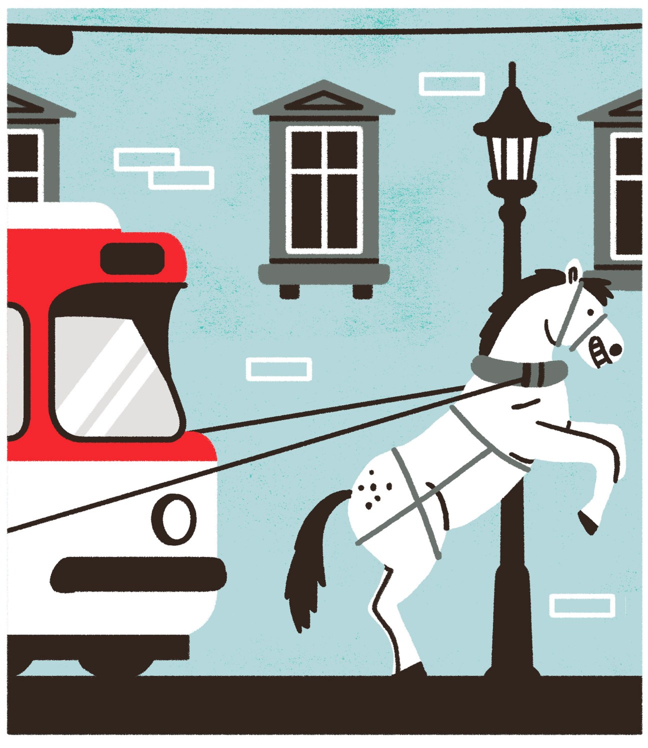 Stylized illustration of a white horse rearing up while harnessed to a red and white tram in Vienna