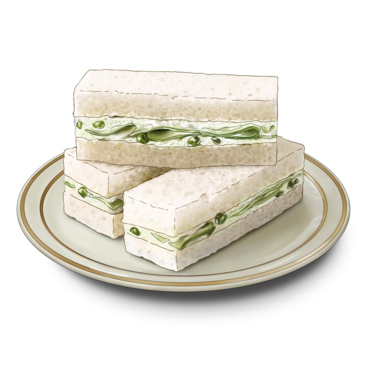 Triangular tramezzini sandwiches with cucumber and pea filling on a plate