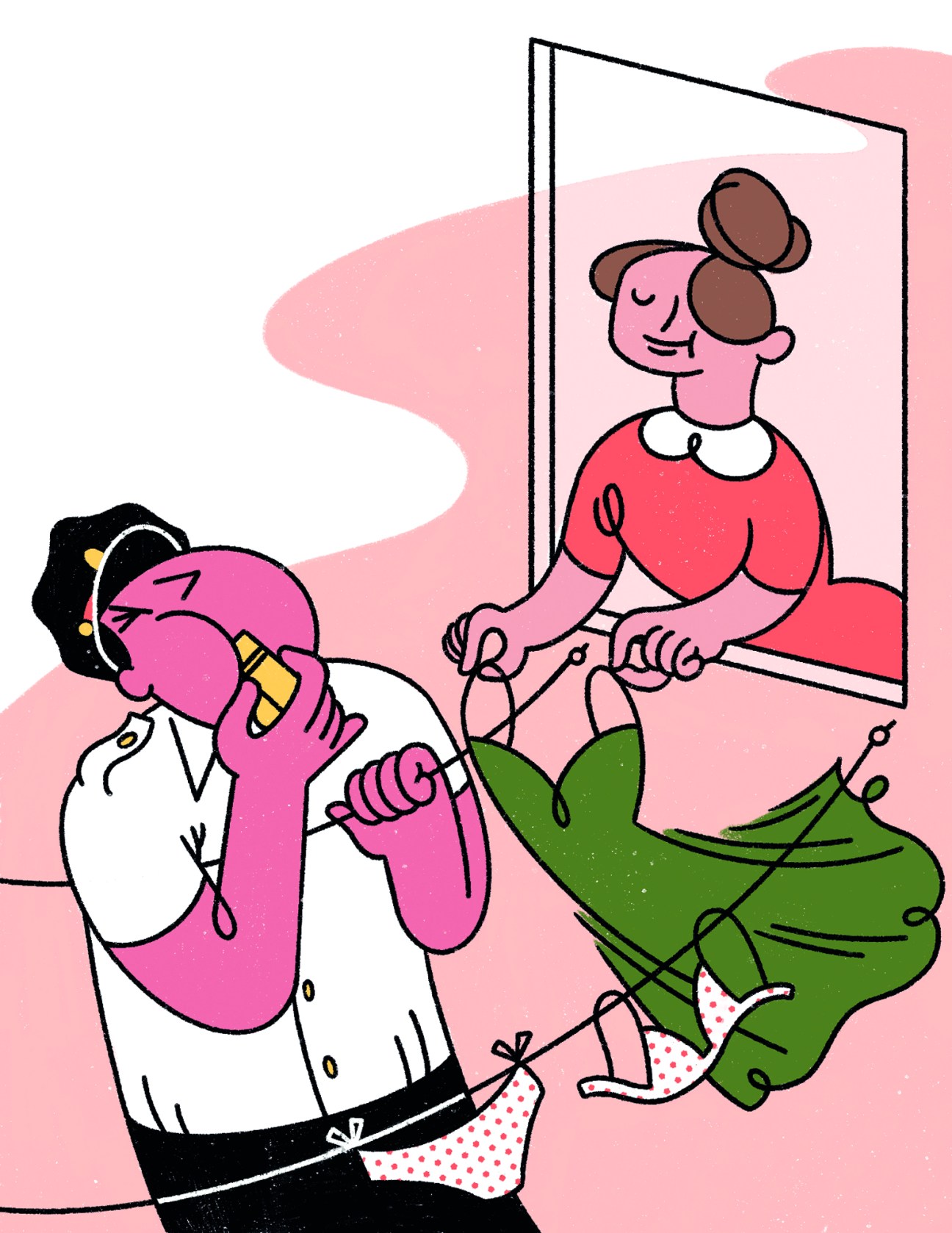 Illustration of a person hanging laundry from a window while another person watches from below