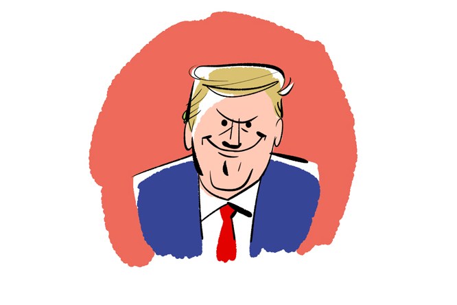 Cartoon illustration of Donald Trump with blonde hair, blue jacket and red tie against coral background.