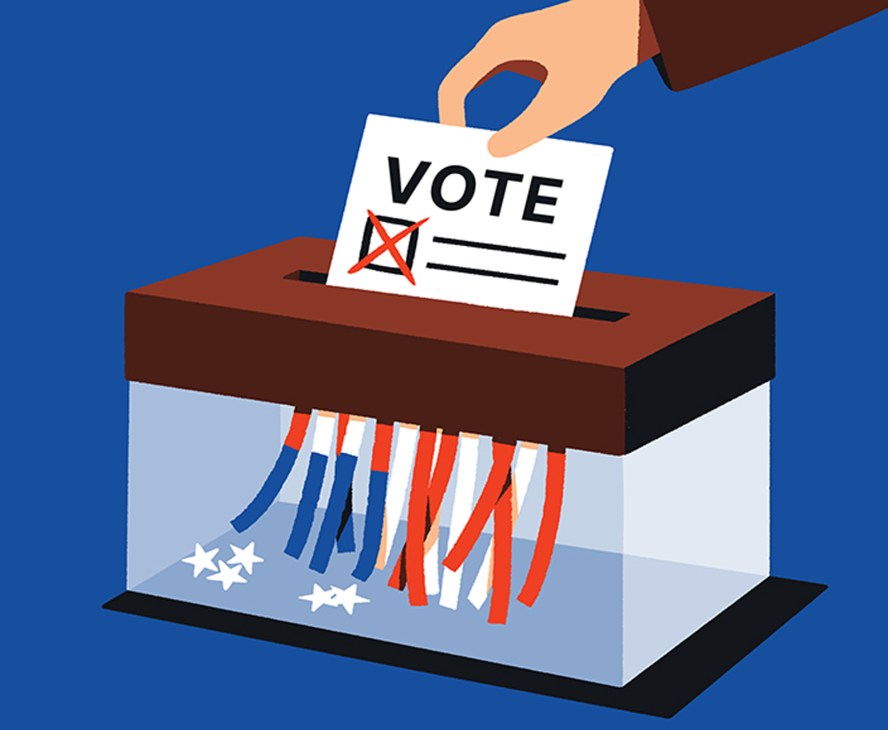 Hand inserting ballot marked 'VOTE' into ballot box with red, white and blue streamers