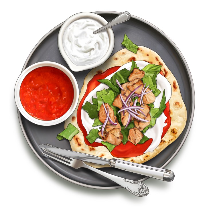 Turkish-style grilled chicken pieces with spiced tomato sauce and yogurt served on flatbread with greens