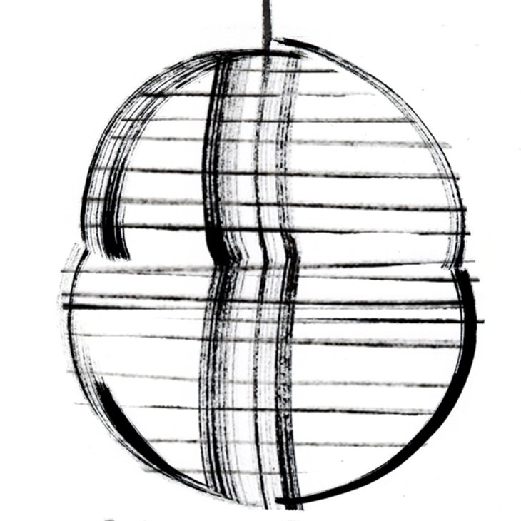 Black ink sketch of a sphere with intersecting grid lines and horizontal stripes creating a three-dimensional effect