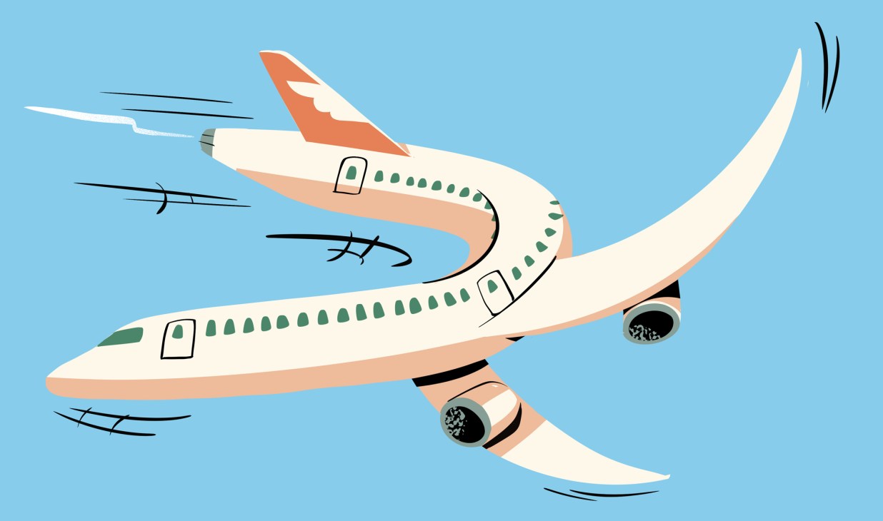 Illustration of an airplane making a U-turn in the sky
