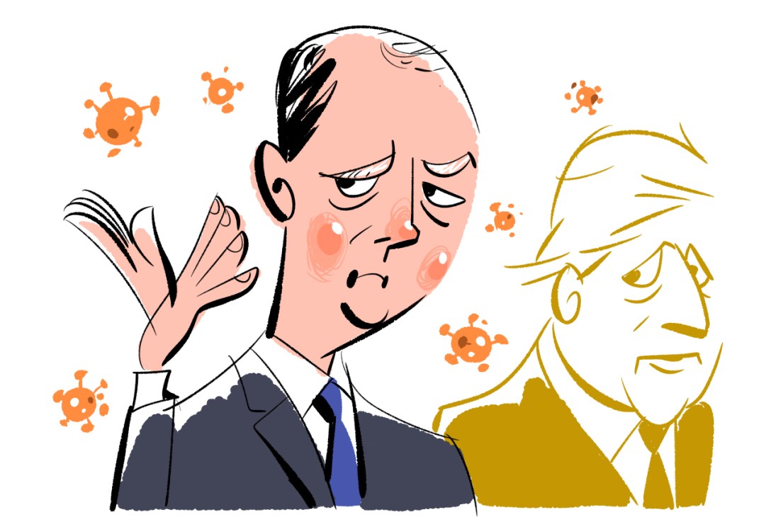 Illustration of a businessman sneezing surrounded by orange virus particles.
