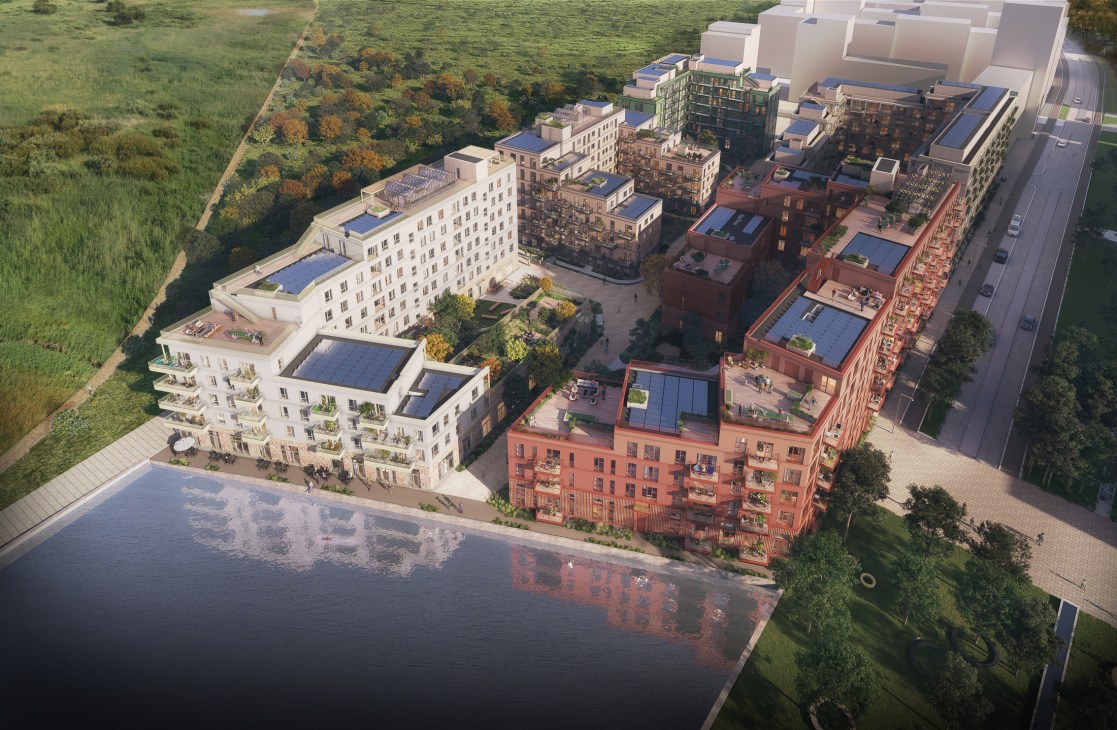 Aerial rendering of UN17 residential complex in Copenhagen with buildings, waterfront, and surrounding green space.