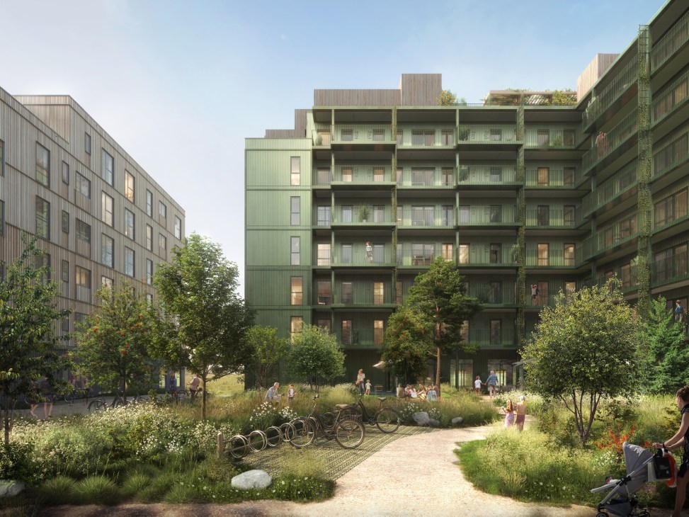 Rendering of UN17 Village's green courtyard with residential buildings, trees, and pedestrians in Copenhagen.