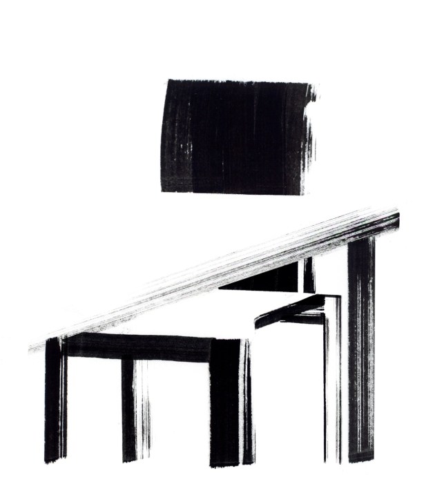 Regua table by Unifor, a minimalist solid-wood desk with angular geometric design in black and white