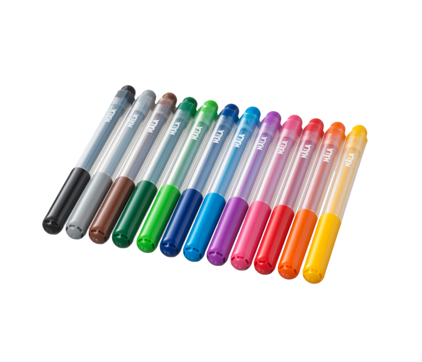 Måla felt-tip pens arranged in a fan pattern showing various colored caps and barrels