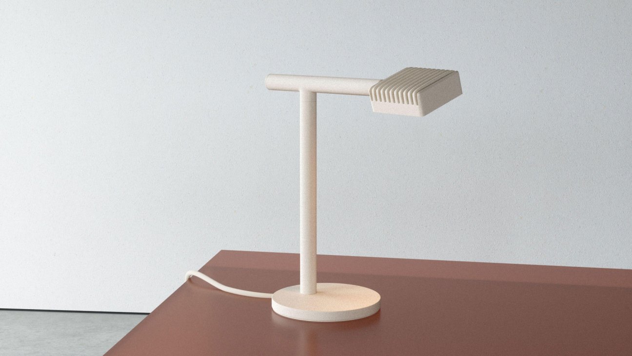 Dorval 02 table lamp by Lambert & Fils with wooden base and ridged aluminum shade