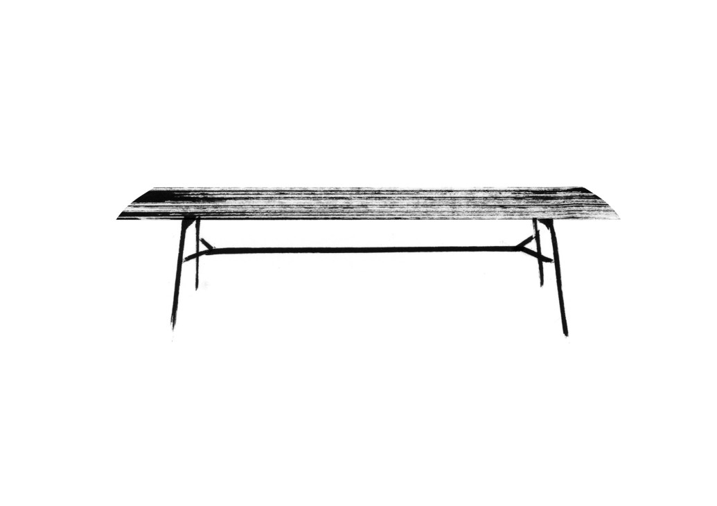Minimalist line drawing of a long wooden table with metal frame and crossbar support.