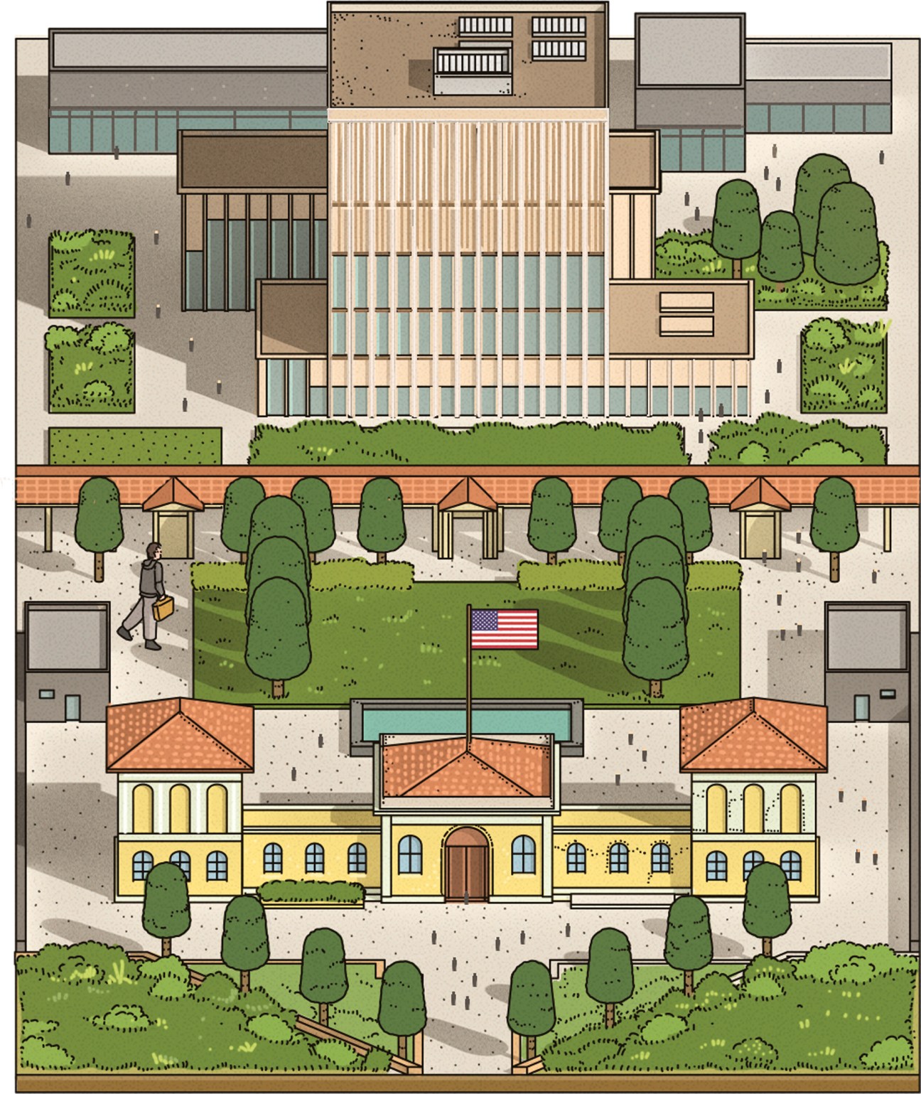 Illustrated aerial view of US consulate in Milan showing Liberty Building and modern campus design
