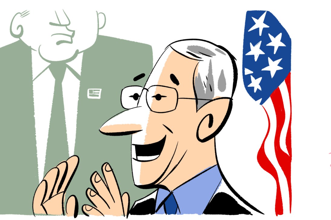 Illustration of Anthony Fauci with American flag and figure in background