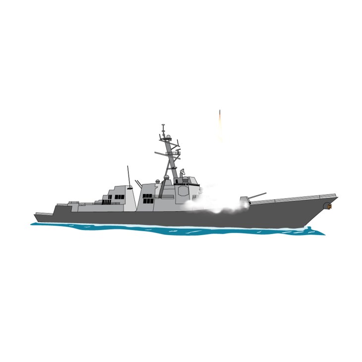 Illustration of a US Navy destroyer ship with missile launch visible above, depicted in profile against white background.