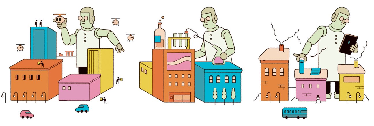 Illustration of robots conducting scientific experiments on colorful building blocks representing urban development
