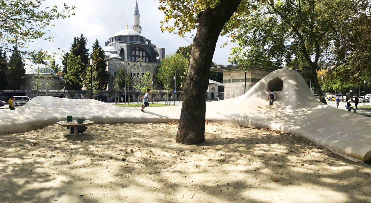 Tophane Park playground in Istanbul showing the sculpted play area incorporating traditional Turkish stone-carving and wood-carpentry techniques