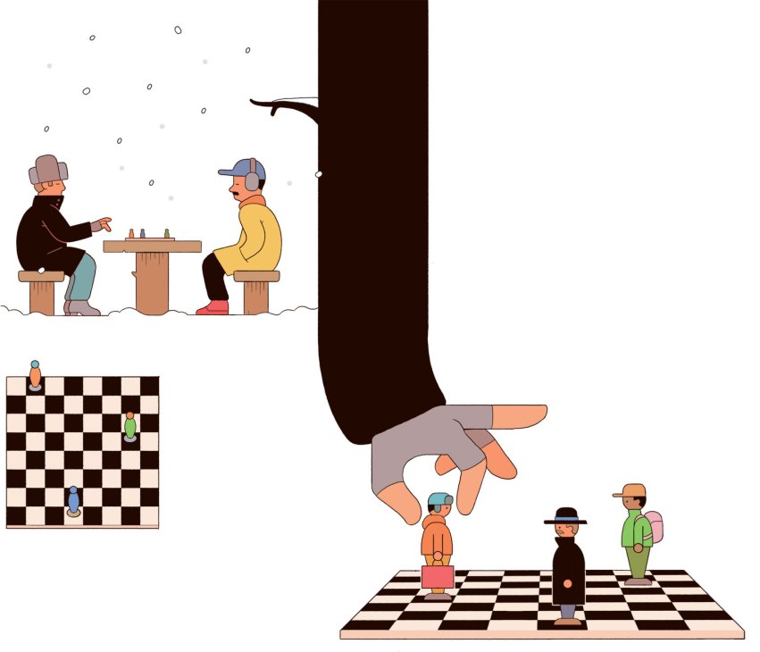 Illustration of people playing chess in a surreal scene with oversized hands and winter setting