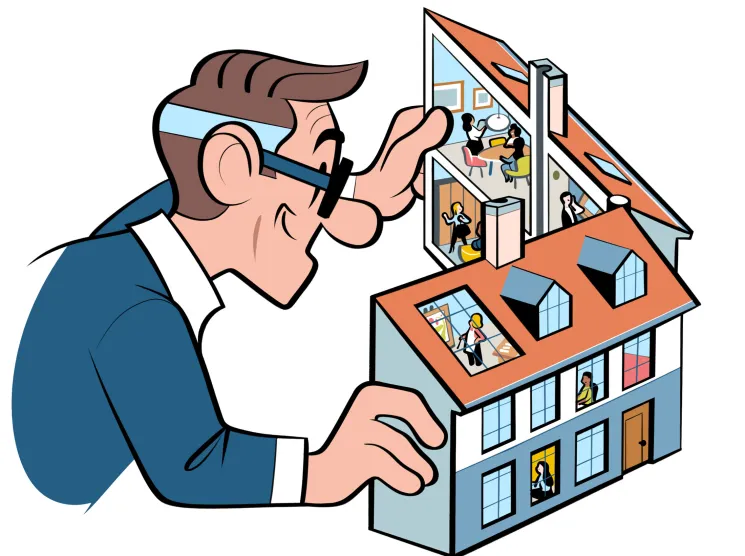 Man in glasses and blue jacket peering into cross-section of house showing people in different rooms