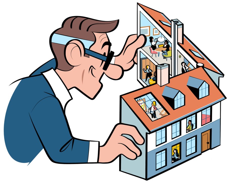 Man in glasses and blue jacket peering into cross-section of house showing people in different rooms