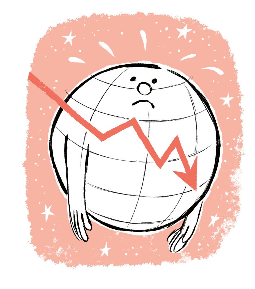 Illustrated globe with worried expression and downward trending red arrow across its surface