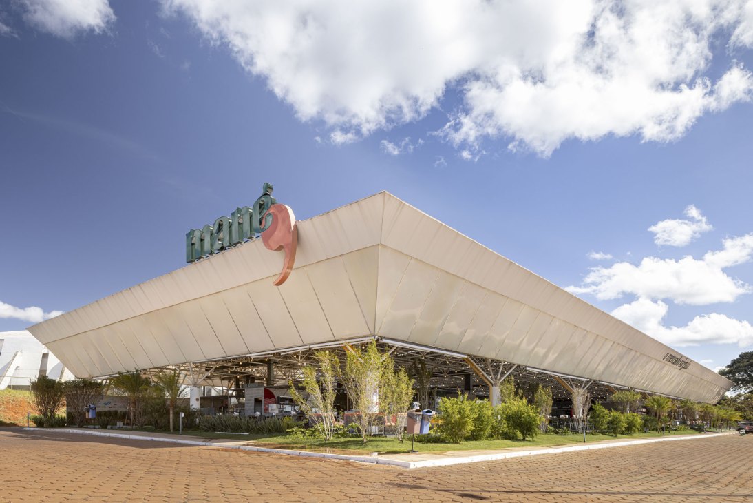 Mané Market exterior showing the transformed structure with striking canopy design