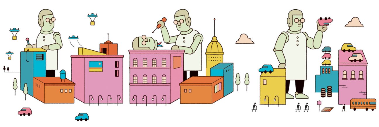 Illustration of three large robotic figures standing among colorful geometric buildings with flying vehicles overhead