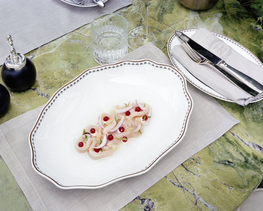 Elegant plated dish with sliced ingredients and red berries on white china at fine dining restaurant