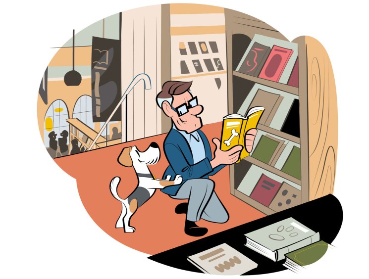 Illustration of man with glasses reading yellow book in cozy library setting with bookshelves and small white dog