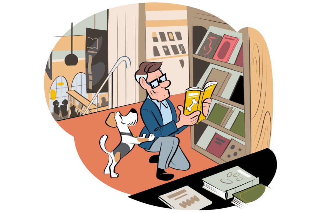 Illustration of man with glasses reading yellow book in cozy library setting with bookshelves and small white dog