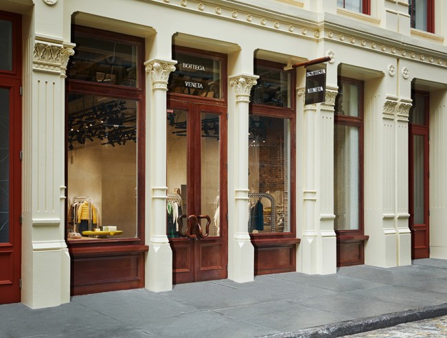 Exterior facade of Bottega Veneta boutique with classical columns and large display windows