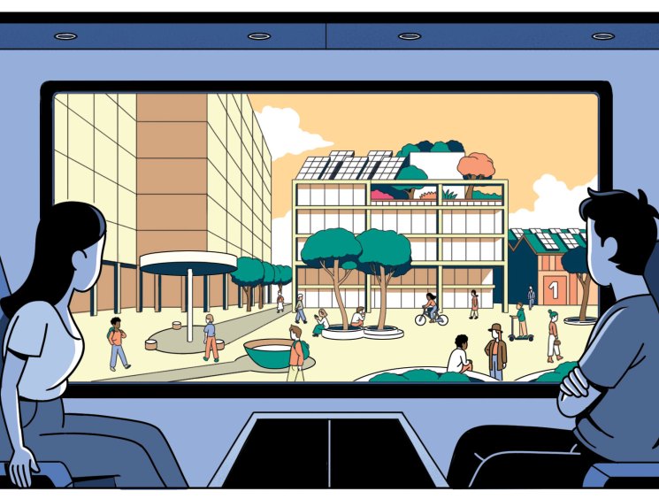 Illustration showing people viewing a futuristic mixed-use development through large windows from inside a transit vehicle