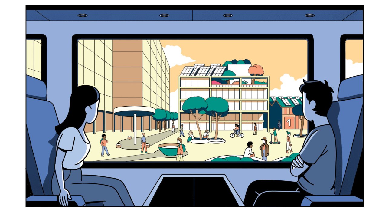Illustration showing people viewing a futuristic mixed-use development through large windows from inside a transit vehicle