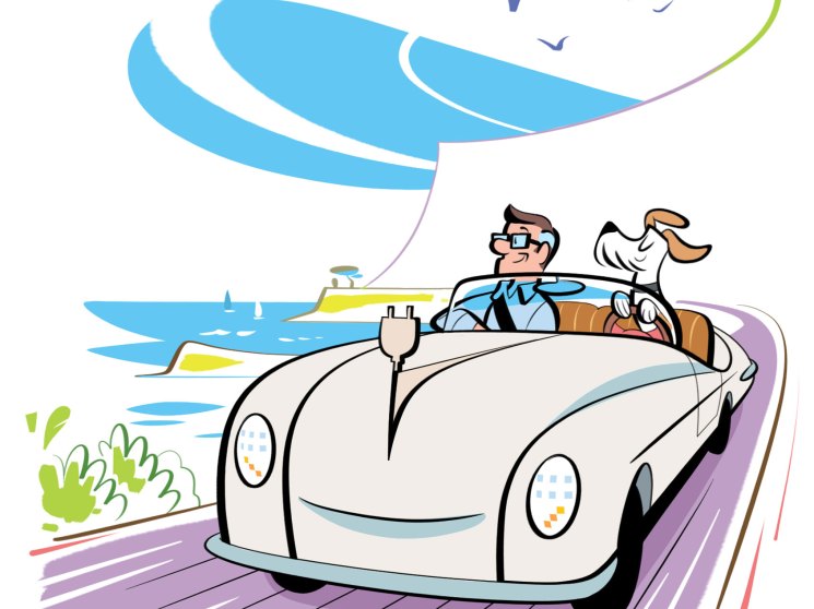 Illustration of a couple driving a convertible car on a coastal road with birds flying overhead