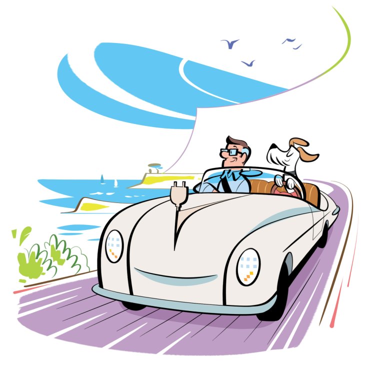 Illustration of a couple driving a convertible car on a coastal road with birds flying overhead