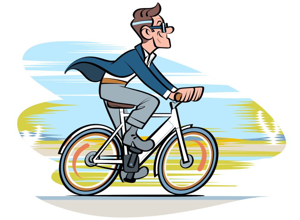 Businessman in suit riding bicycle at speed with motion blur effect