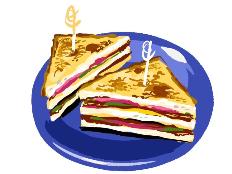 Two thick sandwiches cut in half on a blue plate, filled with multiple layers and secured with toothpicks