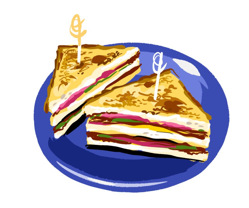 Two thick sandwiches cut in half on a blue plate, filled with multiple layers and secured with toothpicks