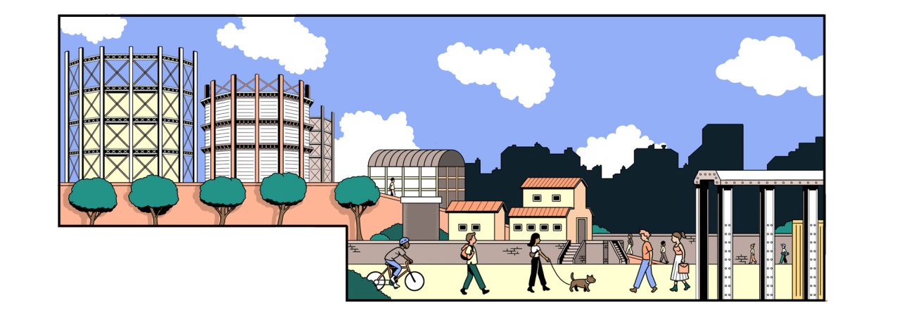 Cross-section illustration of urban regeneration showing industrial gas storage tanks, residential buildings, and people