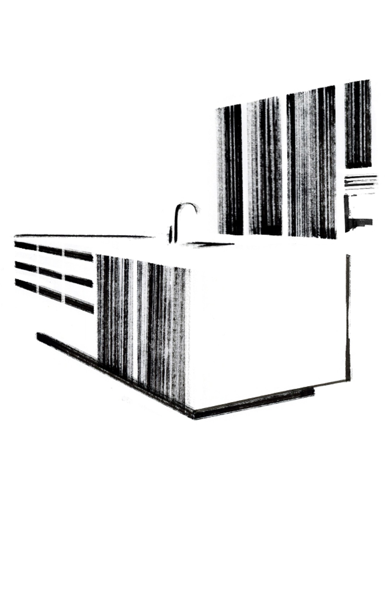 Black and white architectural drawing of a modern kitchen island with vertical wood paneling and minimalist design