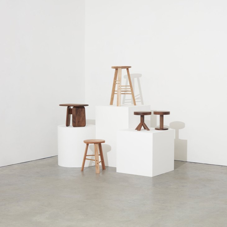 Wooden stools and side tables displaying modern furniture craftsmanship and design details