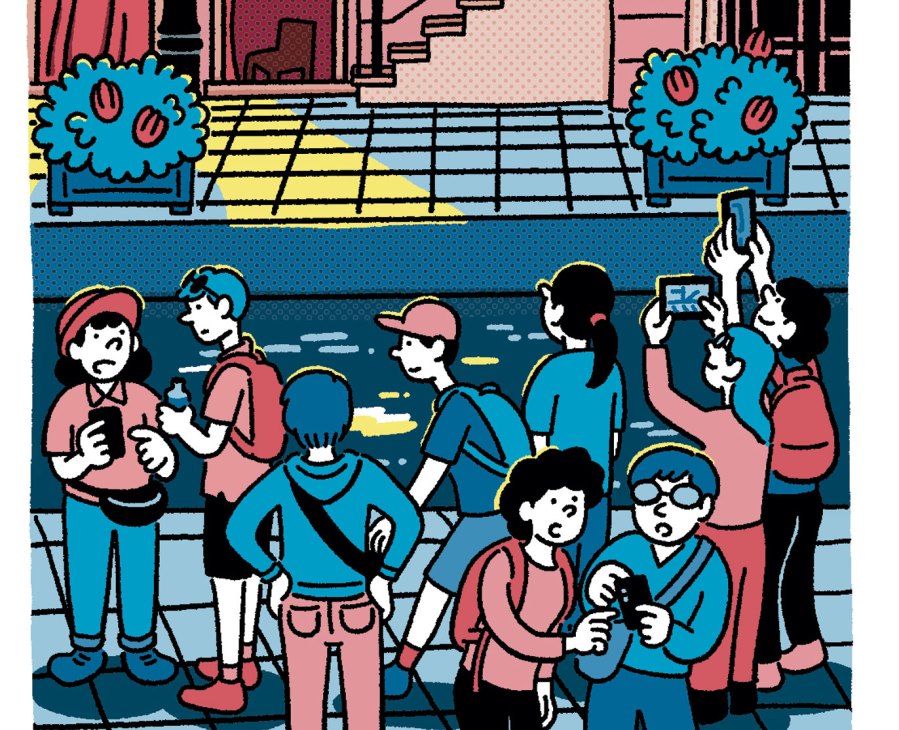 Illustration of tourists with luggage and phones gathered on a platform at Amsterdam's Central Station