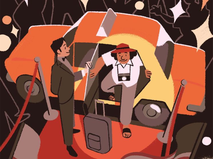 Illustration of people inside an orange tent-like structure against a dark starry background